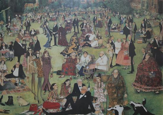 Coloured print of numerous people at Glyndebourne by Sue Macarthy Snape